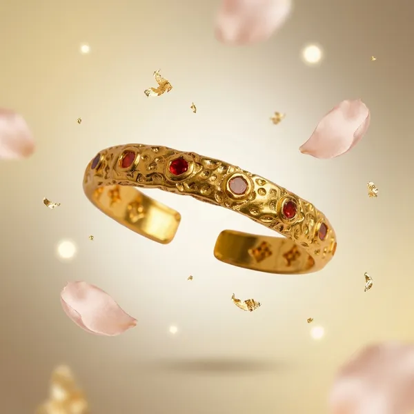 Gold_Stainless_Steel_Red_Stone_Embossed_Cuff_Bracelet_For_Women