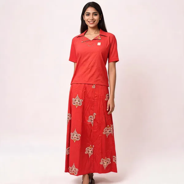 Red_Cotton_Relaxed_Top_And_Skirt_Set_For_Women