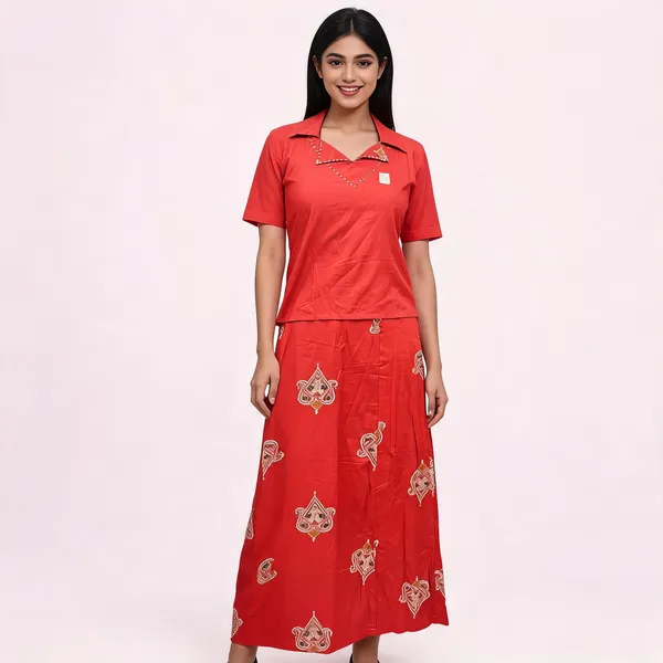 Red_Cotton_Relaxed_Top_And_Skirt_Set_For_Women