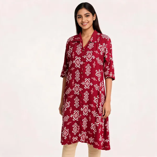 Maroon_Rayon_Bandhani_Print_Collared_Long_Kurta_For_Women