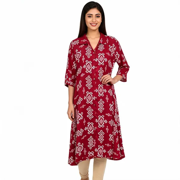 Maroon_Rayon_Bandhani_Print_Collared_Long_Kurta_For_Women