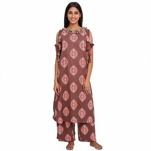Brown_Cotton_Printed_Cold_Shoulder_Kurta_For_Women