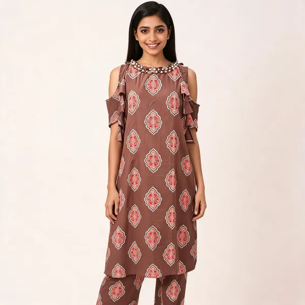 Brown_Cotton_Printed_Cold_Shoulder_Kurta_For_Women