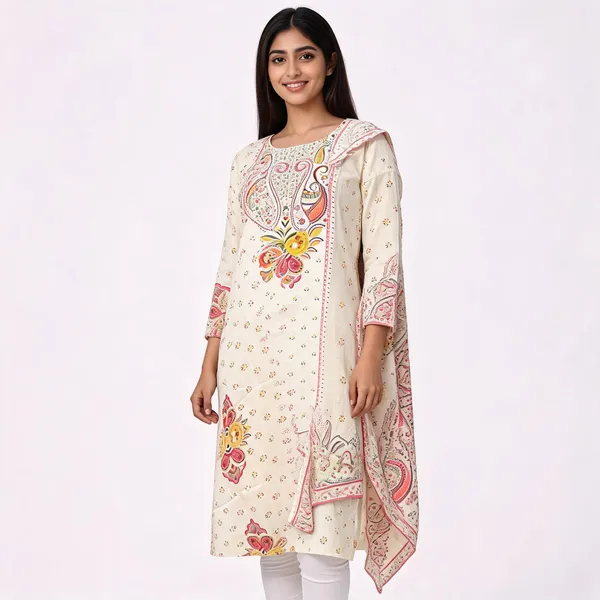 Cream_Cotton_Kantha_Print_Straight_Kurta_With_Dupatta_For_Women