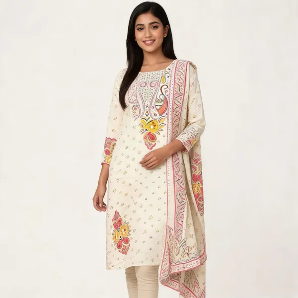 Cream_Cotton_Kantha_Print_Straight_Kurta_With_Dupatta_For_Women