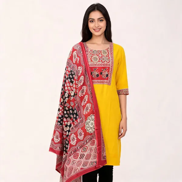 Yellow_Cotton_Ajrakh_Print_Straight_Kurta_With_Dupatta_For_Women