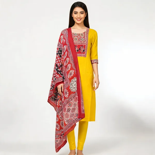 Yellow_Cotton_Ajrakh_Print_Straight_Kurta_With_Dupatta_For_Women
