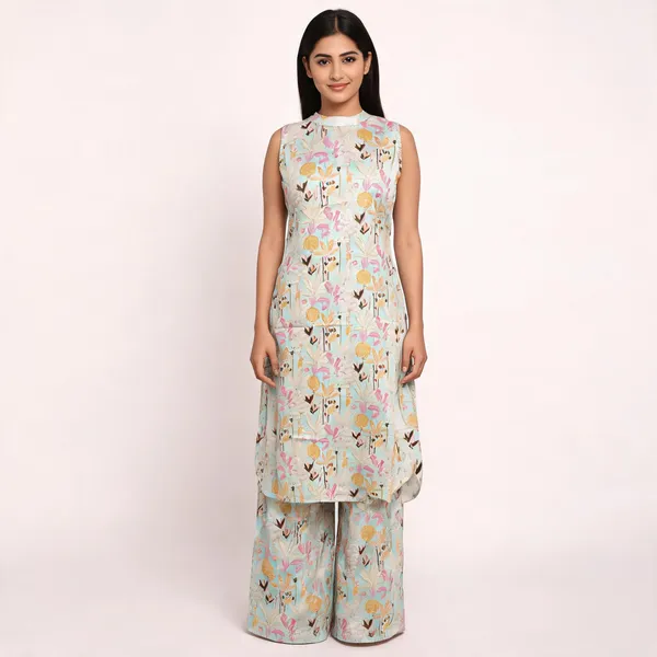 Beige_Cotton_Floral_Print_Sleeveless_Straight_Kurta_For_Women