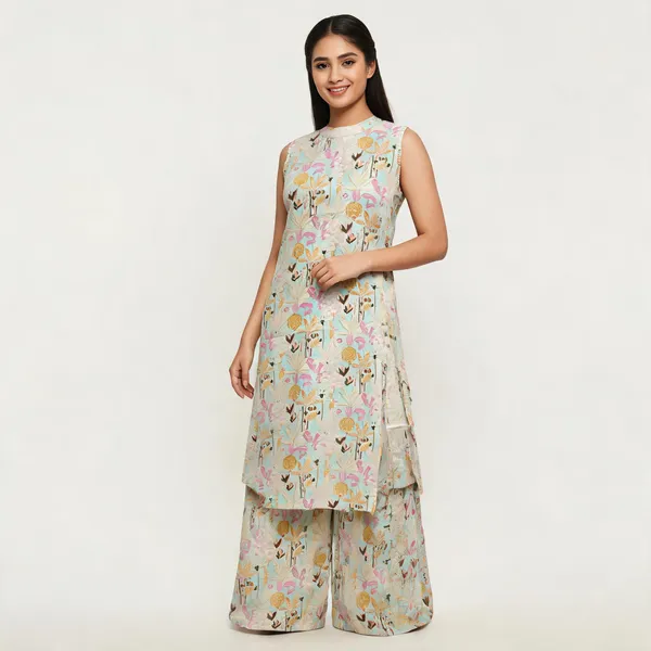 Beige_Cotton_Floral_Print_Sleeveless_Straight_Kurta_For_Women