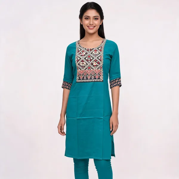 Teal_Cotton_Tribal_Print_Yoke_Straight_Kurta_For_Women
