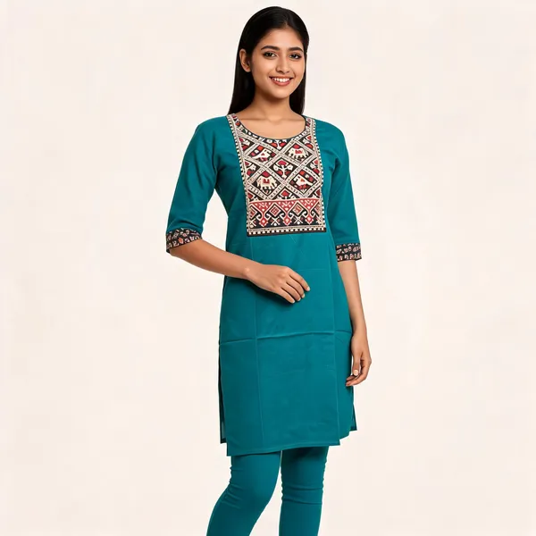 Teal_Cotton_Tribal_Print_Yoke_Straight_Kurta_For_Women