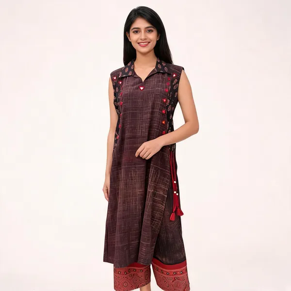 Maroon_Cotton_Slub_Sleeveless_Collared_Kurti_For_Women