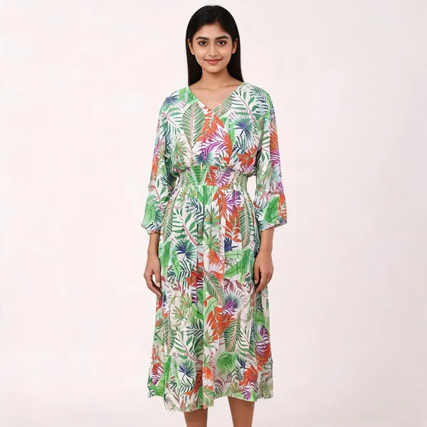 Multicolor_Rayon_Tropical_Print_V_Neck_Midi_Dress_For_Women