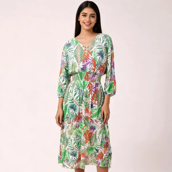 Multicolor_Rayon_Tropical_Print_V_Neck_Midi_Dress_For_Women