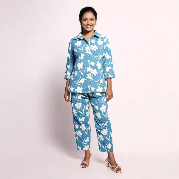 Blue_Cotton_Floral_Print_Shirt_And_Pant_Co_Ord_Set_For_Women