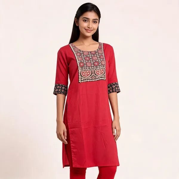 Red_Cotton_Printed_Yoke_Straight_Kurta_For_Women