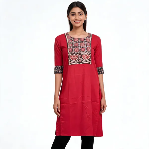 Red_Cotton_Printed_Yoke_Straight_Kurta_For_Women