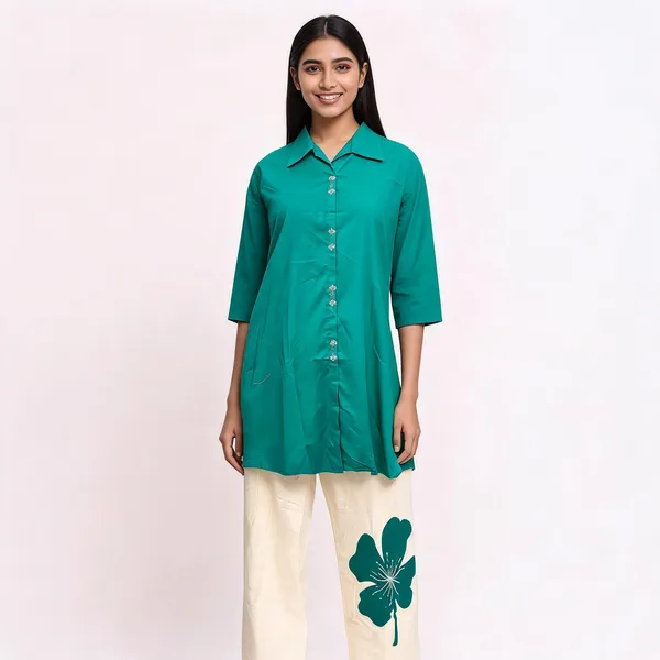 Green_Cotton_Embroidered_Collared_Kurti_With_Palazzo_For_Women