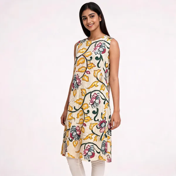Cream_Cotton_Floral_Print_Sleeveless_A_Line_Kurta_For_Women