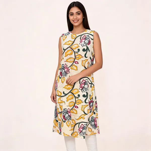 Cream_Cotton_Floral_Print_Sleeveless_A_Line_Kurta_For_Women