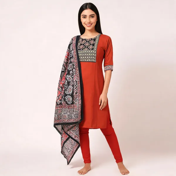 Rust_Cotton_Ajrakh_Print_Yoke_Kurta_With_Dupatta_For_Women