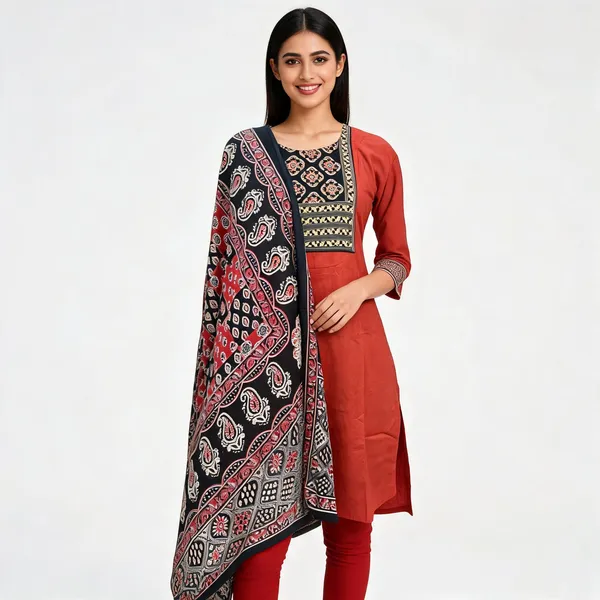 Rust_Cotton_Ajrakh_Print_Yoke_Kurta_With_Dupatta_For_Women