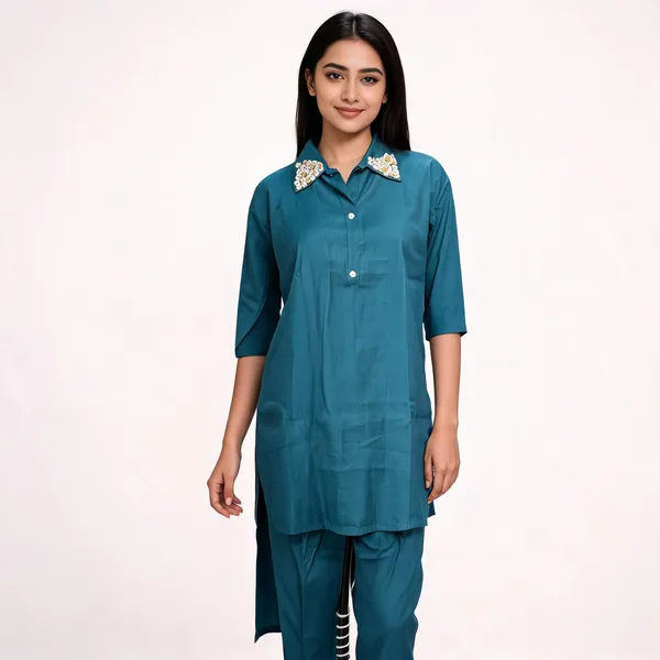Teal_Cotton_Embroidered_Collar_Straight_Kurta_With_Pants_For_Women