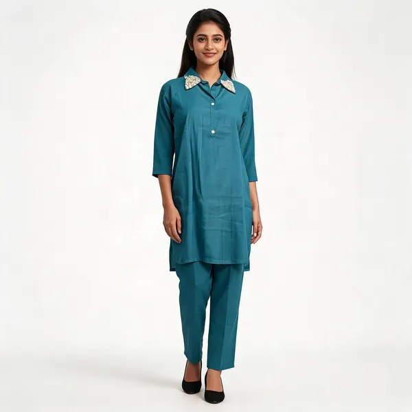 Teal_Cotton_Embroidered_Collar_Straight_Kurta_With_Pants_For_Women