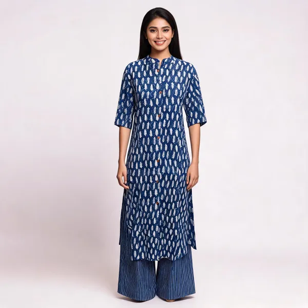 Indigo_Blue_Cotton_Leaf_Print_Straight_Kurta_For_Women