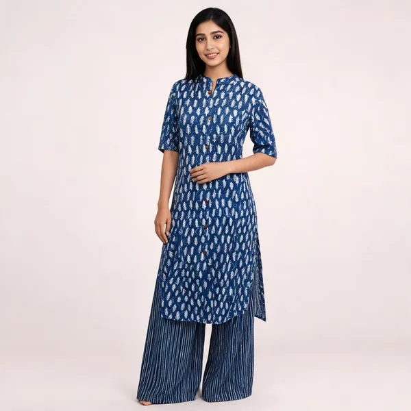 Indigo_Blue_Cotton_Leaf_Print_Straight_Kurta_For_Women