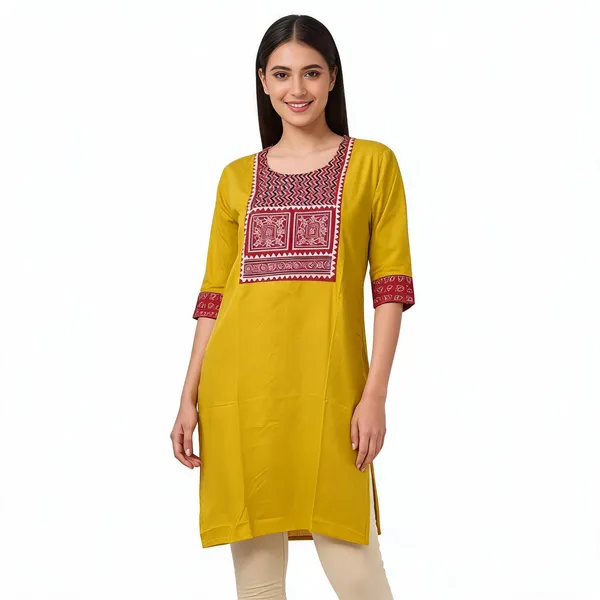 Mustard_Cotton_Straight_Ajrakh_Print_Kurta_For_Women
