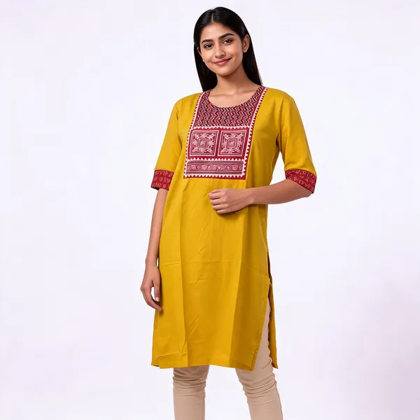 Mustard_Cotton_Straight_Ajrakh_Print_Kurta_For_Women