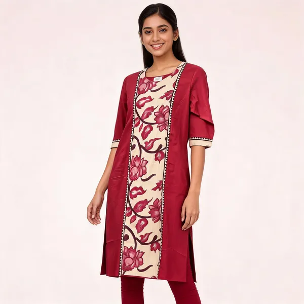 Maroon_Cotton_Straight_Floral_Print_Panel_Kurta_For_Women