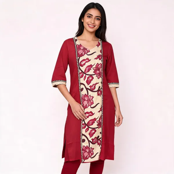 Maroon_Cotton_Straight_Floral_Print_Panel_Kurta_For_Women
