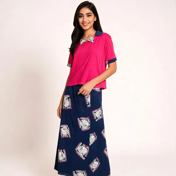 Pink_And_Navy_Modal_Printed_Co_Ord_Top_And_Skirt_Set_For_Women