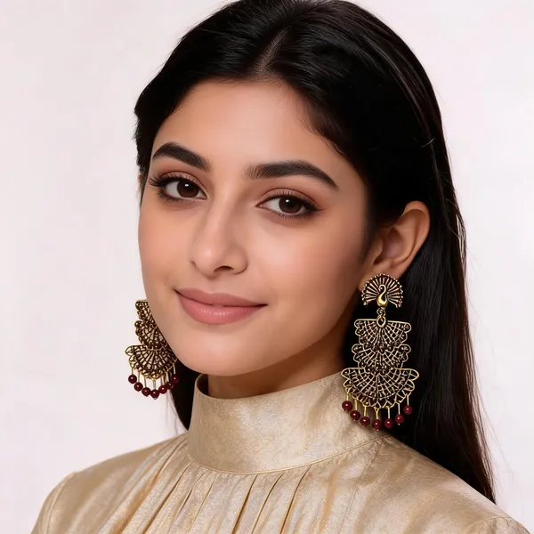 Dark_Red_Gold_Toned_Peacock_Filigree_Chandbali_Earrings_For_Women