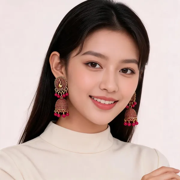 Pink_Gold_Toned_Peacock_Design_Beaded_Jhumki_Earrings_For_Women