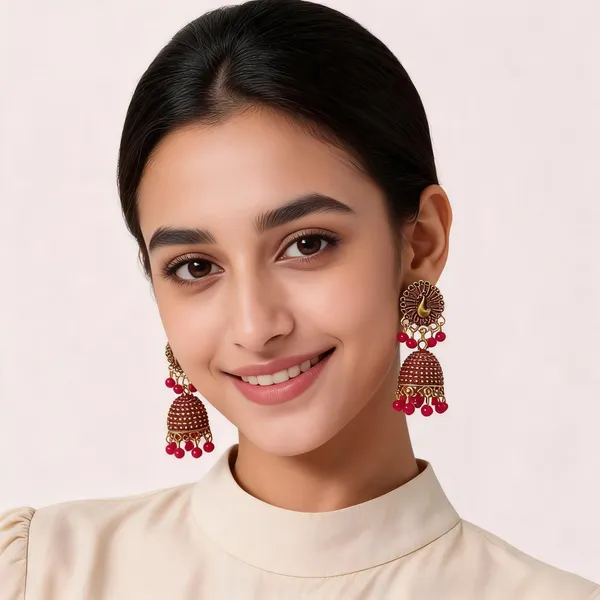 Pink_Gold_Toned_Peacock_Design_Beaded_Jhumki_Earrings_For_Women