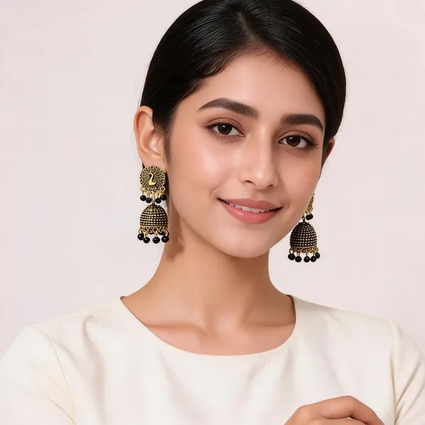 Black_Gold_Toned_Peacock_Motif_Black_Beaded_Jhumki_Earrings_For_Women