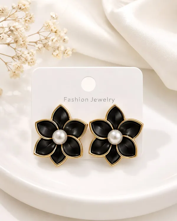 DealAddaa_Black_Flower_Pearl_Stud_Earrings_for_Women_&_Girls_|_Gold_Plated_Floral_Pearl_Earrings_|_Elegant_Designer_Jewelry