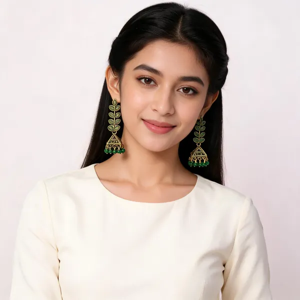 Green_Gold_Toned_Leaf_Enamel_Jhumka_Earrings_For_Women