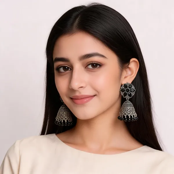 Silver_Oxidised_Black_Stone_Floral_Jhumka_Earrings_For_Women
