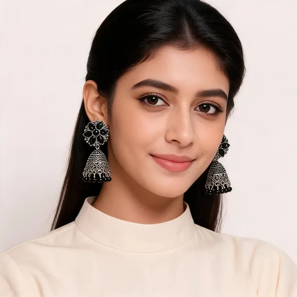 Silver_Oxidised_Black_Stone_Floral_Jhumka_Earrings_For_Women