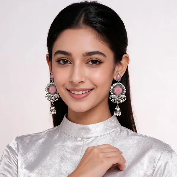 Pink_Silver_Oxidised_Elephant_Motif_Jhumki_Earrings_For_Women