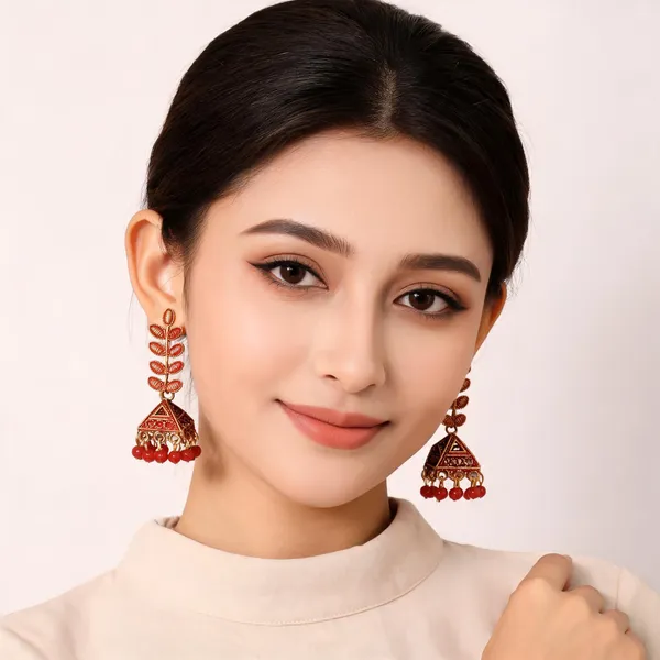 Gold_Toned_Antique_Leaf_Red_Bead_Jhumka_Earrings_For_Women