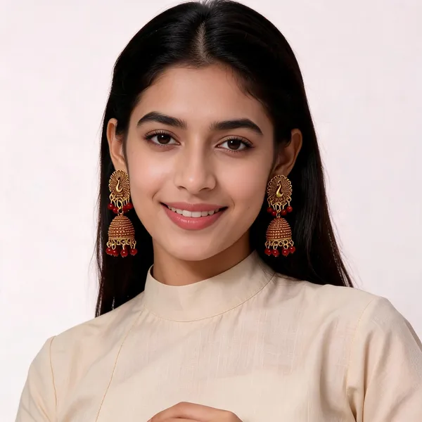 Gold_Toned_Peacock_Motif_Maroon_Bead_Jhumka_Earrings_For_Women