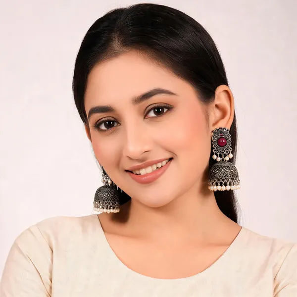 Oxidised_Silver_Maroon_Stone_Floral_Jhumka_Earrings_For_Women