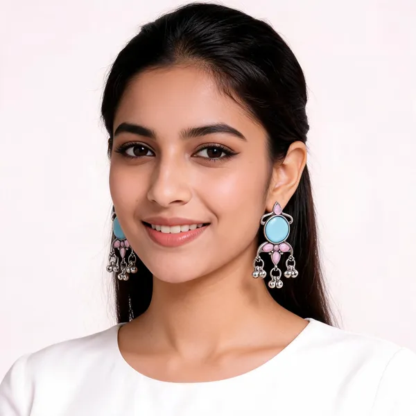 Silver_Oxidised_Turquoise_Pink_Stone_Ghungroo_Drop_Earrings_For_Women