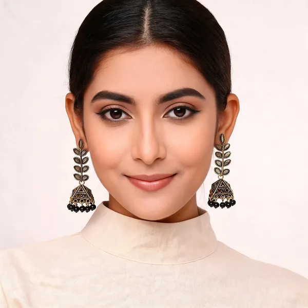 Gold_Oxidised_Leaf_Motif_Black_Bead_Jhumka_Earrings_For_Women