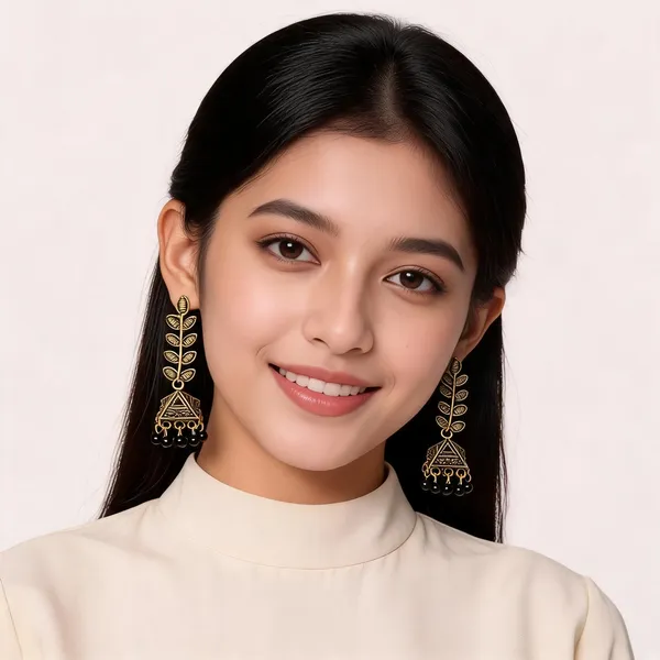 Gold_Oxidised_Leaf_Motif_Black_Bead_Jhumka_Earrings_For_Women